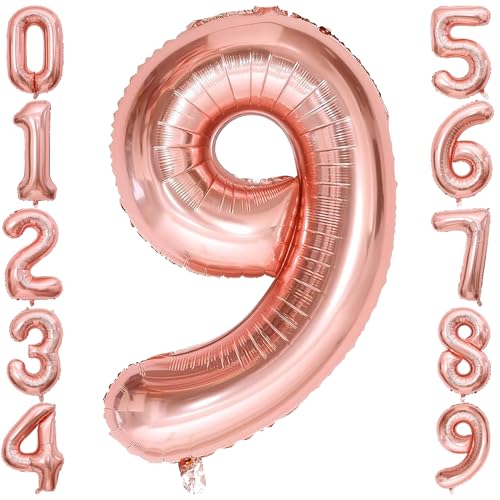 9 Number Balloon Rose Gold 40 inch Big Foil Mylar 9th Balloons for 9 Year Old Boy Girl Birthday Party Decorations Wedding Anniversary Events Supplies