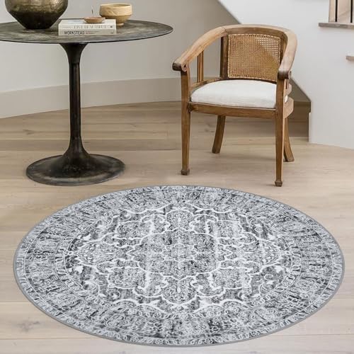 KUTA Vintage Round Rug 3ft, Washable Boho Indoor Small Area Circle Rugs, Grey Non-Slip Printed Medallion Carpet for Entryway Kitchen Dining Room Table Living Room