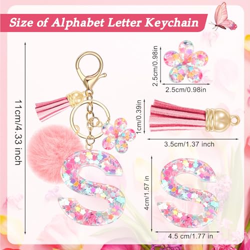 Initial Letter Keychain for Girls, Cute Pink Flower Resin Alphabet Keyrings, Sequins Flower Bag Charm Pendants3