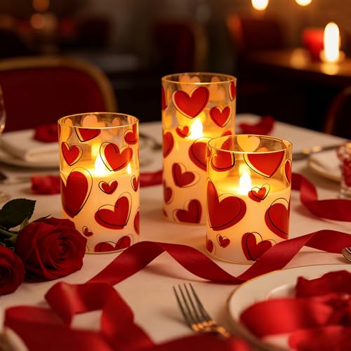 Image of Valentines Day Flameless Candles with Remote, Red Heart Glass Battery Operated Candles, Real Wax Flickering LED Pillar Candles for Proposal Wedding Anniversary Romantic Night, 3 Pack