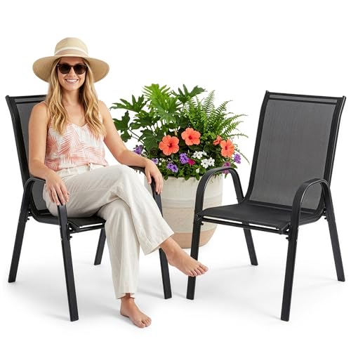 Campela Gartenstühle 2 Stück Textilene - Stapelbar, Pulverbeschichtetes Metall, Wetterfest, bis 150 kg Belastbarkeit, für Terrasse, Balkon, Garten, Dunkelgrau, Modell CA0151
