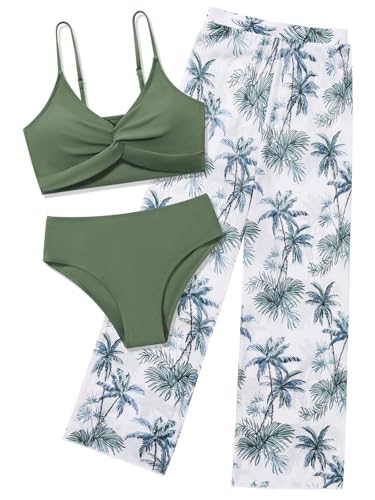 Image of Girls Swimsuit 3 Piece Bathing Suit Criss Cross Bikini Set Tropical Floral Swimwear with Mesh Cover Up Pants Size 9-16Y