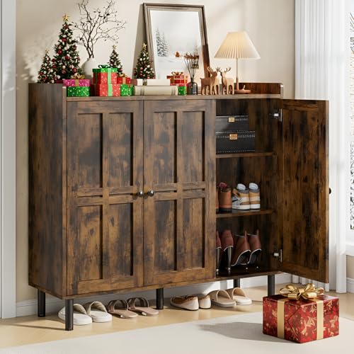 Image of ONBRILL Shoe Cabinet with 3 Doors and Adjustable Shelves, 30 Pairs Shoe Storage Cabinet, 40 Inch Tall Farmhouse Shoe Rack Shoe Organizer Cabinet for Entryway Living Room Closet, Rustic Brown