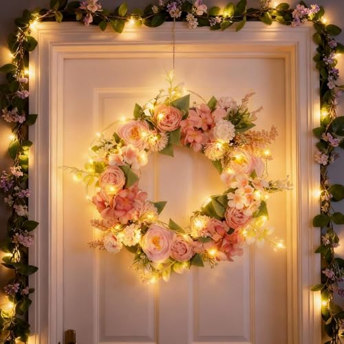 Türkranz Frühling mit LED Licht 40cm Frühlingskranz Haustür Beleuchtet mit Blumen Rosen Kranz Frühling Blumenkranz mit Lichterkette Batteriebetrieben Ostern Türkranz Ganzjährig Wandkranz (B)