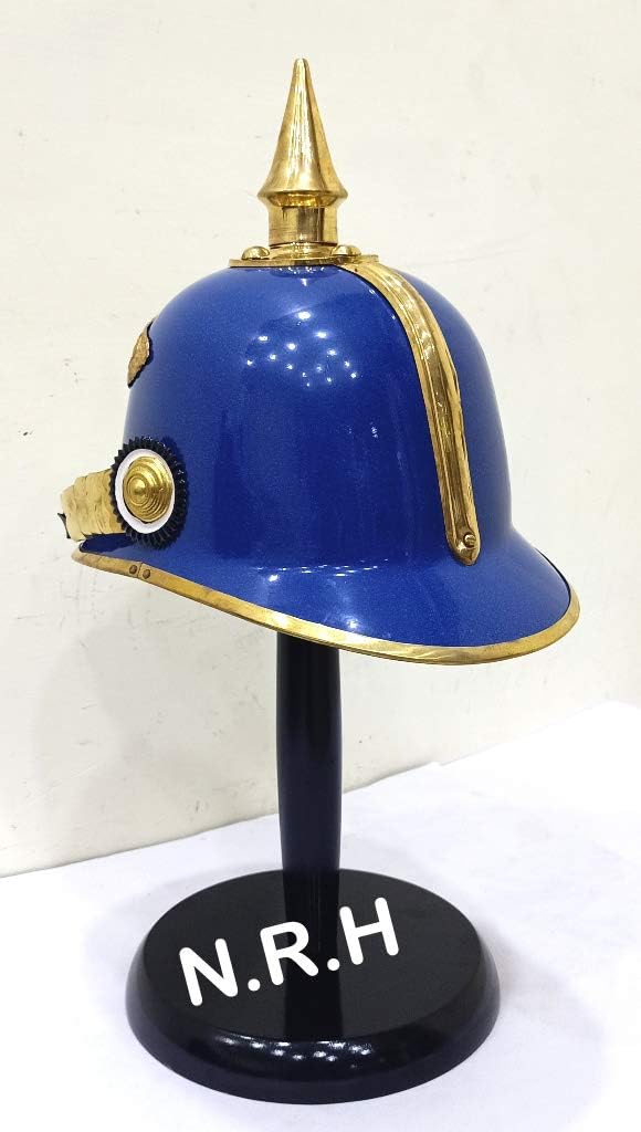 German Pickelhaube Helmet | Leather Pickelhaube Imperial Prussian Halloween | Brass Military Officer Blue Helmet W/Stand