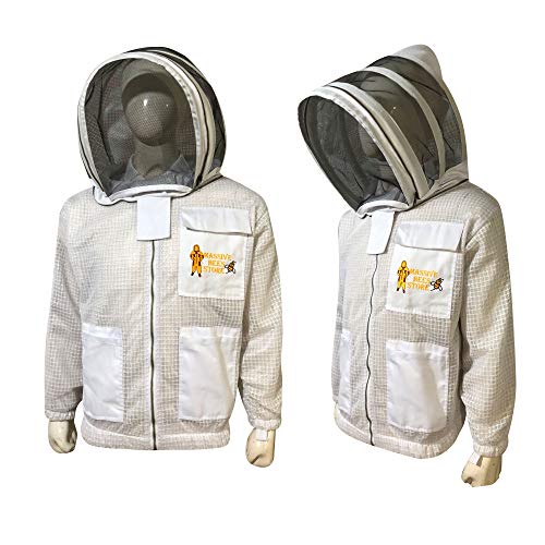 Massive Bee Store 3 Layer Beekeeping Ventilated Suit and Jacket Fully Protection Beekeepers Ultra Ventilated Bee Suit and Bees Jacket with Fencing Veil and Round Veil (L, White)
