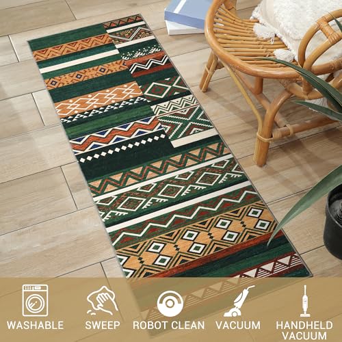 GarveeHome Vintage Geometric Patchwork Green Rug for Living Room 6x9 Machine Washable Area Rug, Non-Slip Low-Pile Indoor Tribal Accent Carpet, Indoor Foldable Floor Cover for Bedroom Office