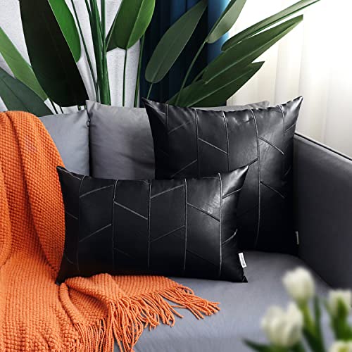 Brawarm Faux Leather Pillow Covers 18 X 18 Inches, Black Leather Pillow Covers Pack Of 2, Geometric Embroidery Leather Decorative Throw Pillows For Living Room Couch Bed Sofa Home #TOP2