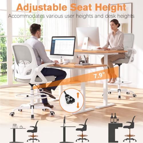 Image of ORRSAKER Drafting Chair, Tall Office Chair with Flip-up Arms, Mesh Ergonomic Computer Standing Desk Chair with Adjustable Height Foot Ring and Lumbar Support, 300 LBS Capacity, Gray