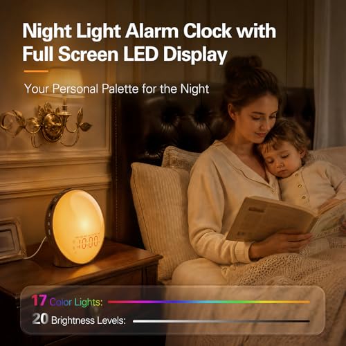 Image of JALL Full-Screen Wake Up Light Sunrise Alarm Clocks for Bedrooms, White Noise Machine for Heavy Sleepers & Kids, 25 Natural Sounds, Dual Alarms, FM Radio, 17 Dimmable Colors, Bluetooth Speaker