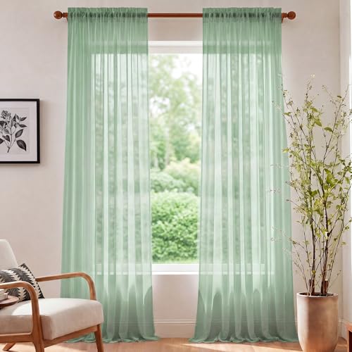Image of NICETOWN Sage Green Sheer Curtains for Living Room, W42xL96, 2 Panels | Rod Pocket Lightweight Drapes Voile Sheer Air & Breathable Elegant Modern Window Treatments for Bedroom