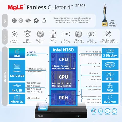 Image of MeLE Quieter 4C Fanless Mini PC N150 (up to 3.6GHz) 8GB RAM 128GB eMMC | Support 2 HDMI + USB-C Triple Display, WiFi 5 BT5.1 GbE, Quiet, No Dust, Support Win11 /10 & Linux, Unlocked BIOS, Low Power