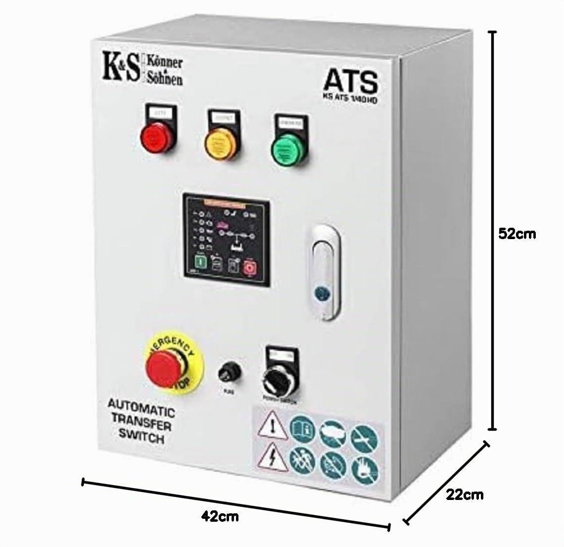 Boitier ATS KS ATS 4/63HD (commutateur de transfert automatique) pour 230V et 400V, démarre/arrête automatiquement le générateur lorsque l’alimentation principale est coupée.