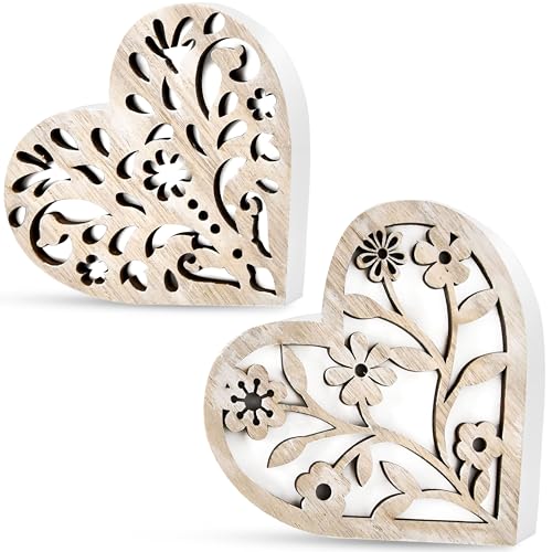 Gift Boutique Valentines Day Wooden Heart Blocks Set of 2 Rustic Carved Wood Hearts Love Sign Centerpiece Home Tiered Tray Table Decor Couple Gifts