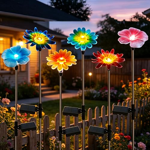 6 Pack Solar Garden Lights Outdoor Decor,Stake Yard Figurine Colorful Flower Light, Housewarming...