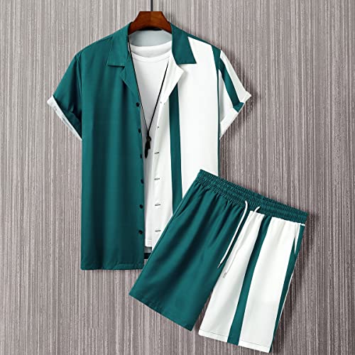 Gorglitter Men's Shirts And Shorts Set Color Block Button Down Short Sleeve Shirts Drawstring Shorts Tracksuit Set Green And White Large #TOP4