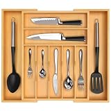9 Compartimentos Bandeja para Cubiertos Expandible de Bambú,Organizador de cocina ajustable 100% de bambú...