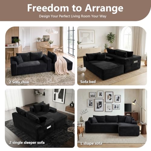Image of 106.3 inch L Shaped Boneless Sectional Corduroy Couches for Living Room (Black)