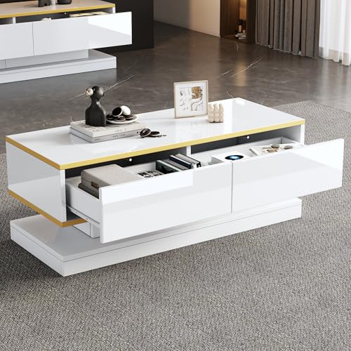 BTM Table Basse laquée Brillante 100 x 50 x 38 cm, Console avec 2 Grands tiroirs, de Salon Originale, Blanc Chaud avec Bordure dorée, avec Plateau étroit et...