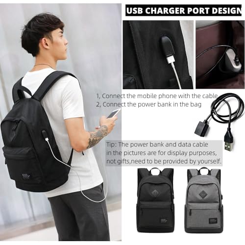 Lightweight Casual Laptop Backpack For Men Women Travel Backpacks with USB Charging Port Fashion Daypack Bookbag (Black)3