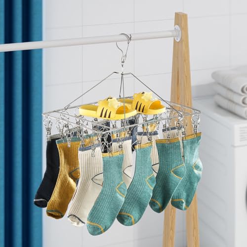 2 Pack Stainless Steel Sock Drying Rack with 80 Clips,360° Rotatable Windproof Hook Clothes Hanger Rack for Herb,Bras,Underwear,Baby Clothes,Hat,Scarf,Pants,Gloves,Towel and Laundry Accessories3