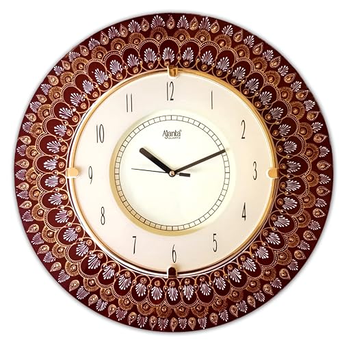 Image of Ajanta Artistic Handmade Analog Wooden Clock|Maroon & Glod Designer Mandala Floral Pattern Wall Clock for Home & Office|Large 41cm x 41cm