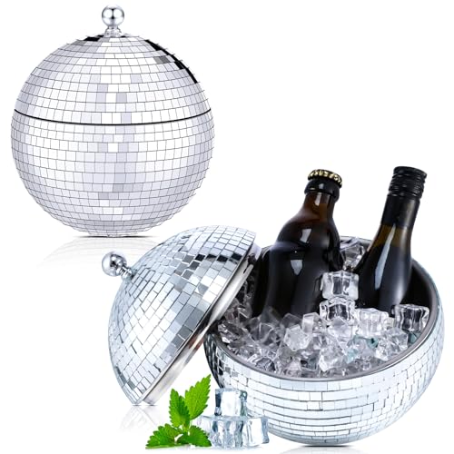 2l Disco Ball Ice Bucket for New Years Eve Christmas Retro 70s Cocktail Barware Mirror Silver Disco Beverage Vase Bowl Drink Barrel Double Stainless Steel Bachelorette Party Gift Supplies