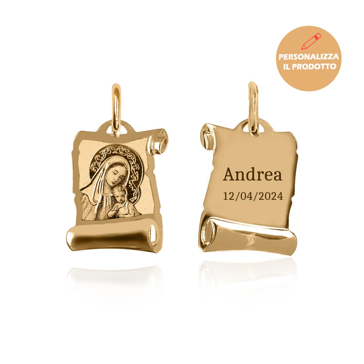 Sakrami Collana da Bambini in Oro 9Kt con Madonna e Gesù Bambino a forma di Pergamena Kids Collection + Confezione Regalo Personalizzata - Collana per Nascita Comunione Battesimo o Cresima