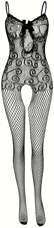 Unisex Fishnet Bodysuit with Lace Top Womens Sexy Mesh Lingerie Jumpsuit Crotchless Bodysuit Mens One Piece Babydoll