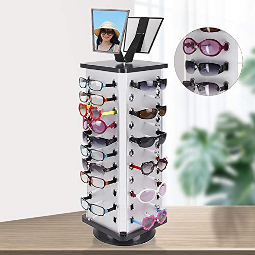 360 Rotating Sunglass Display Rack, 44 Pairs Sunglasses Holder Eyewear Glass Holder Sunglasses Organizer Stands Rack Rotating Eyeglass Organizer Commercial Display Stand Freestanding With Mirror (Square) #TOP4
