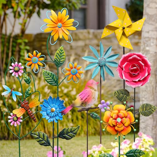 Otoolling 8 Pcs Metal Flower Yard Art for Outside Outdoor 14 5d Summer Wildflowers Metal Sign Waterproof Garden Stakes Bird Dragonfly Windmill Landscape Decoration for Lawn Yard Garden Patio Porch