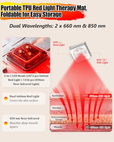 Image of Red Light Therapy Mat Full Body 72 inchx33 inch, 1436 LEDs, 660&850nm | Easy-Clean TPU, 3 Light Modes, 5 Intensity Levels, Skin-Friendly for Everyday Home Use