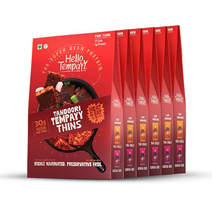 Tandoori Tempeh Thins-Hello Tempayy | Pack of 6 | Protein Rich | Heat & Eat | More Nutritious Than Paneer & Tofu | High Fibre