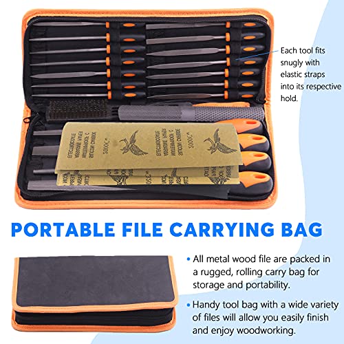 Glarks 25Pcs Hand Metal File Set Include 4Pcs Flat/Triangle/Half-Round/Round Large File, 12Pcs Needle Files, 1 Brush, 4Pcs Sandpaper And 4 Way Wood Rasp File For Shaping Metal, Wood, And Tools #TOP3