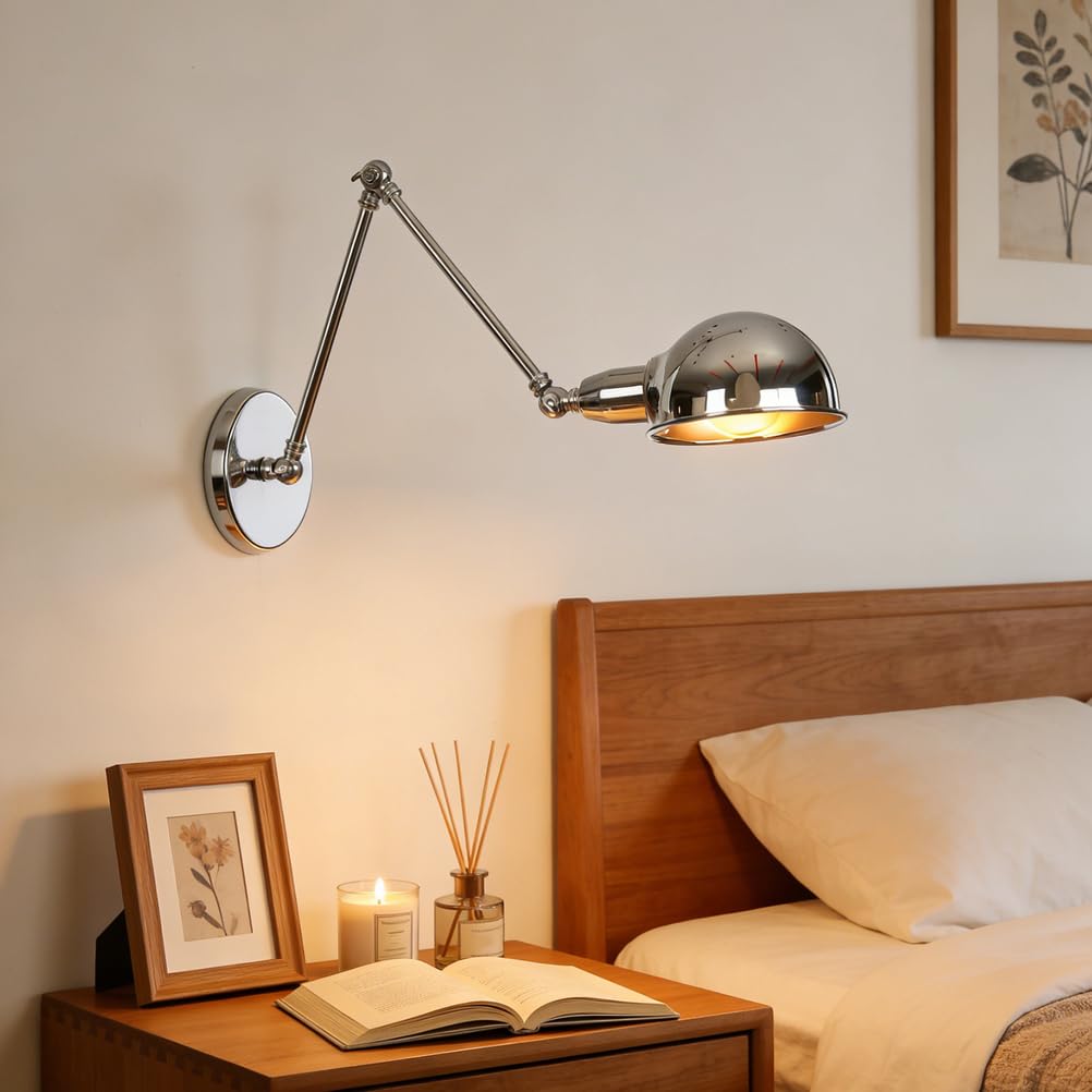 Retro Wandleuchte Innen Verstellbar Langer Arm Nachttisch Wandlampe innen Kabel Stecker Wand-Leselampe Metall Schirm E27 Vintage Industrielampe Schlafzimmer Café