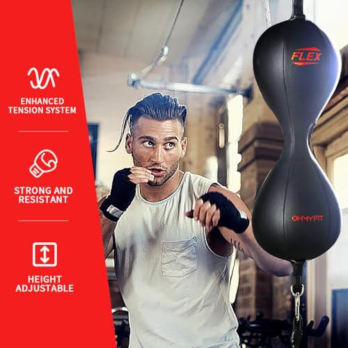 OHMY FIT Flex Dual Double End Punching Bag - Bungee Cords w/Special Flex Adjustable System - Durable Bladder Speed Bag-Boxing Training Equipment for Adults - Home Gym Accessories