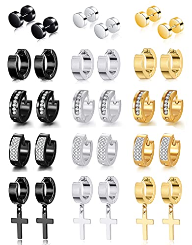 15 Pairs Hoop Earrings Stainless Steel Dangle Hinged Earrings Hoop Huggie Earrings Barbell CZ Stud Ear Piercing Jewelry Set for Men Women Silver Black Gold Tone