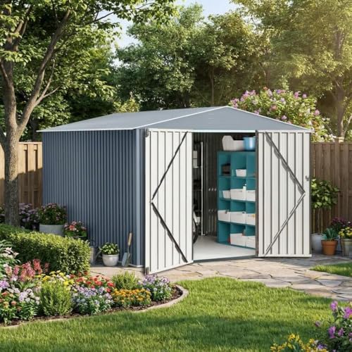 Garvee 10x10ft Metal Shed, Outdoor Garden Tool Storage Shed with Lockable Doors, Large Metal Shed with Sturdy Frame Structure, for Backyard, Patio, Lawn, Grey by Garvee - Used condition - US$385.00