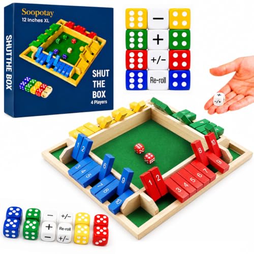 Upgraded 12-inch Shut The Box Game Easy Quick and Fun Educational Math Game with 4 Symbolic Dice 1-4 Players Wooden Board Games for Family Night Classroom Party Tabletop Games for Kids Adult Senior