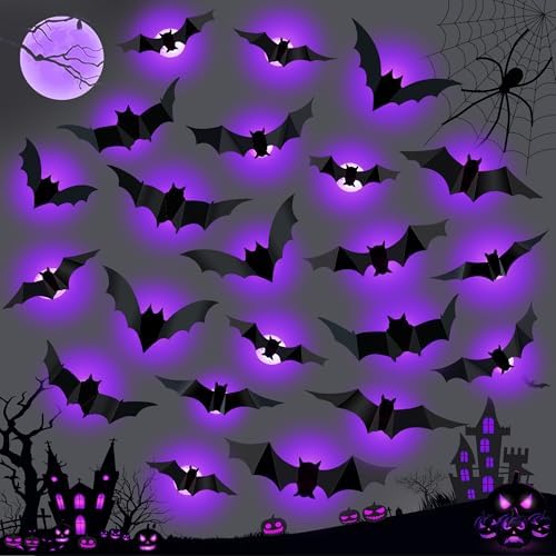 Moxled 24 Stück Halloween Deko, LED Lila 3D Fledermaus Deko | Wandaufkleber Halloween Deko Innen Outdoor für Schlafzimmer, Fenster, Tür, Wand, Party Deko Sticker