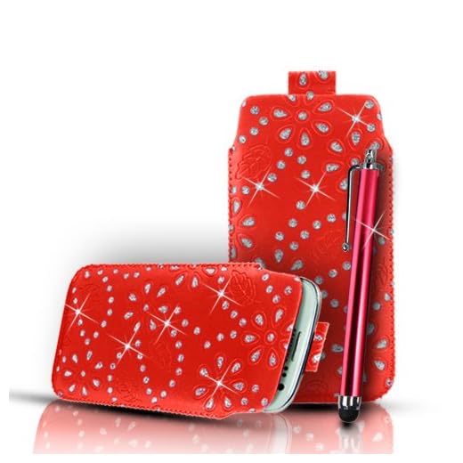 Praktiskt skydd – diamant bling läder pull Tab Case Cover & Stylus för Doro Phone Easy Mobiles, läder, röd, Doro PhoneEasy 632 (L)