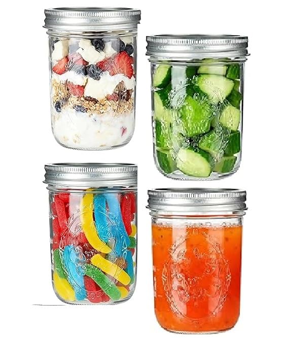 PATZY Mason Jars 500Ml, 4 Pack Large Wide Mouth Mason Jar with Airtight Lids and Bands|Quart Glass Canning Jars for Overnight Oats, Pickling, Fermenting and Food Storage Microwave&Dishwasher Safe