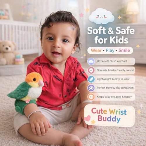 Image of Babique Plush Bird Wristband Toy for Kids | Soft Stuffed Animal Slap Band Bracelet | Cute Baby Soft Toy Wrap Wristband for Boys & Girls | Mini Colorful Plush Gift for Kids