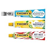 THOMY Saucen-Paket | 3 verschiedene Sorten | 3 x Tuben 200ml mit 1 limitierten THOMY SAURKs Edelstahl-Gabeln | Partypaket | Senf, Mayonnaise und Rot-Weiß Ketchup & Mayonnaise
