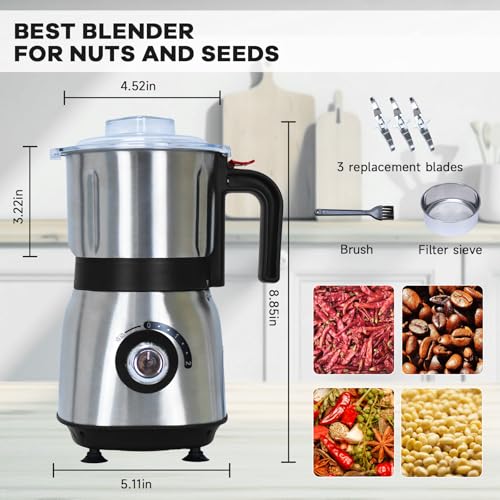 Image of Electric Spice and Nut Grinders - 3 Stainless Steel Blades, 1 Filter, 1 Brush - 500W Grinder for Kitchen Dry Use (Black)