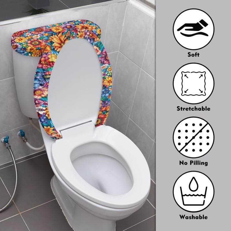 Hippie Flower Toilet Lid Seat Cover Set Colorful Daisy Flower Travel-Friendly Toilet Lid & Tank Covers Boho Ditsy Floral Universal Fit for Standard Toilet Lids, Washable image 3