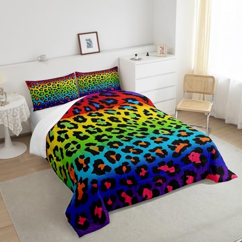 Image of Girls Colorful Cheetah Printed Comforter Set - Full Size Women's Down Alternative Comforter for All Season - Rainbow Leopard Print Quilt Set