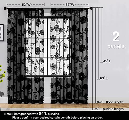 Image of Treatmentex Black Lace Curtains 63inch Rose Floral and Leaf Sheer Decorative Window Curtains for Living-Room Bedroom Vintage Leaf Knitted Lace Sheer Curtain Panels 54 inch w 2pcs Rod Pocket