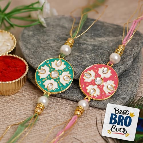 Image of eCraftIndia Set of 2 Blue & Peach Meenakari Designer Rakhis, Best Bro Ever Fridge Magnet with Roli Chawal Pack - Rakhis for Brothers