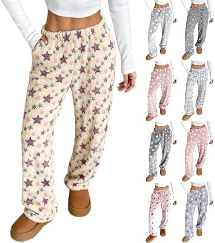 Womens Flannel Pajama Pants Star Graphic Baggy Cozy Elastic Waist Straight Leg Sleepwear Lounge Pants with Pockets